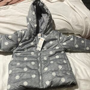 Gymboree S 5/6 grey white polka dot attached hood puffer zip front pockets nwt